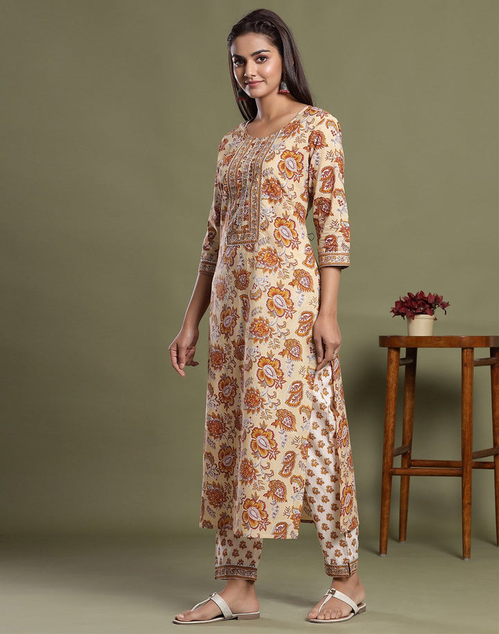 Floral Print Cotton Kurti Pant Set