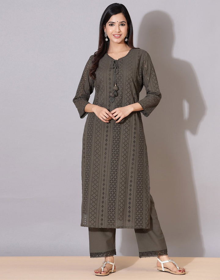 Cotton Embroidered Kurti Pant Set