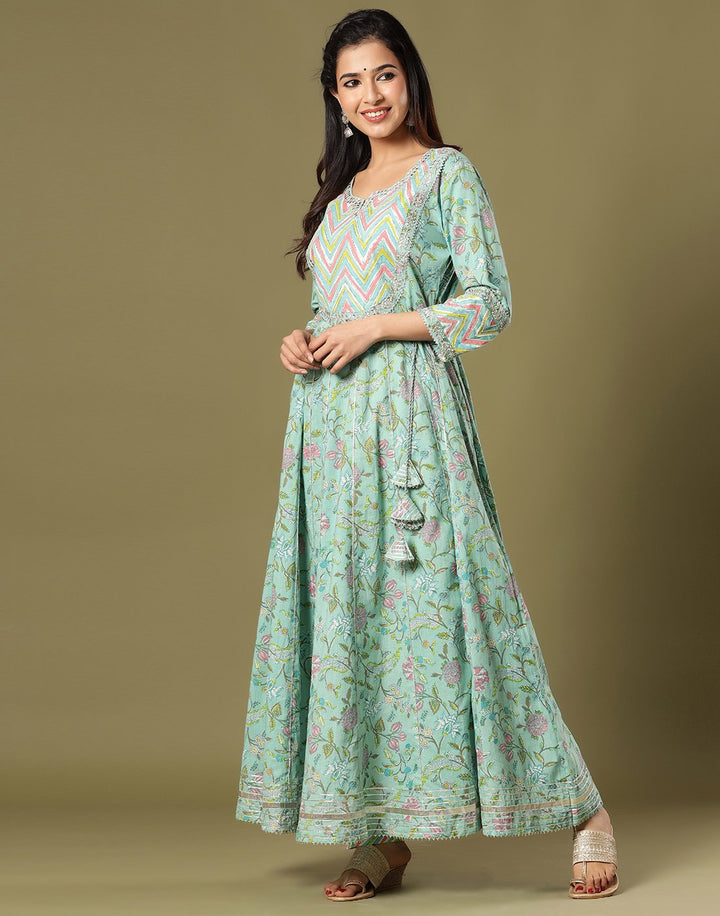 Cotton Printed Anarkali Kurti Pant Set with Yoke Detail