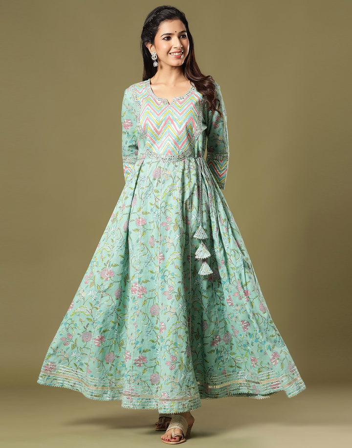 Cotton Printed Anarkali Kurti Pant Set with Yoke Detail