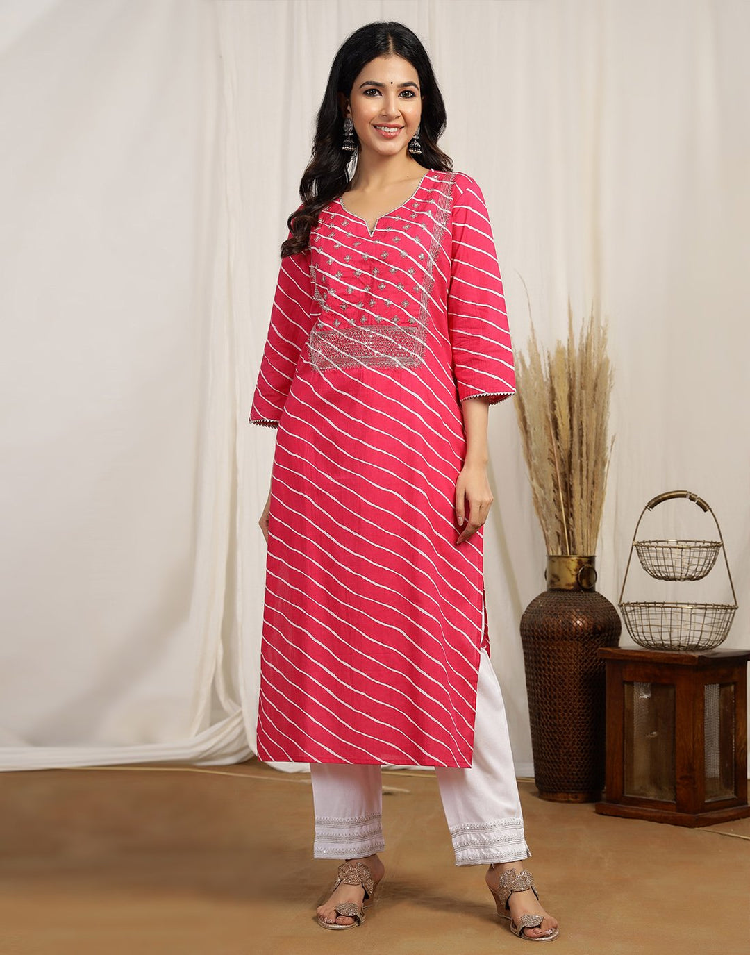 Printed Cotton Kurti And Pant With Embroidered Yoke Detail