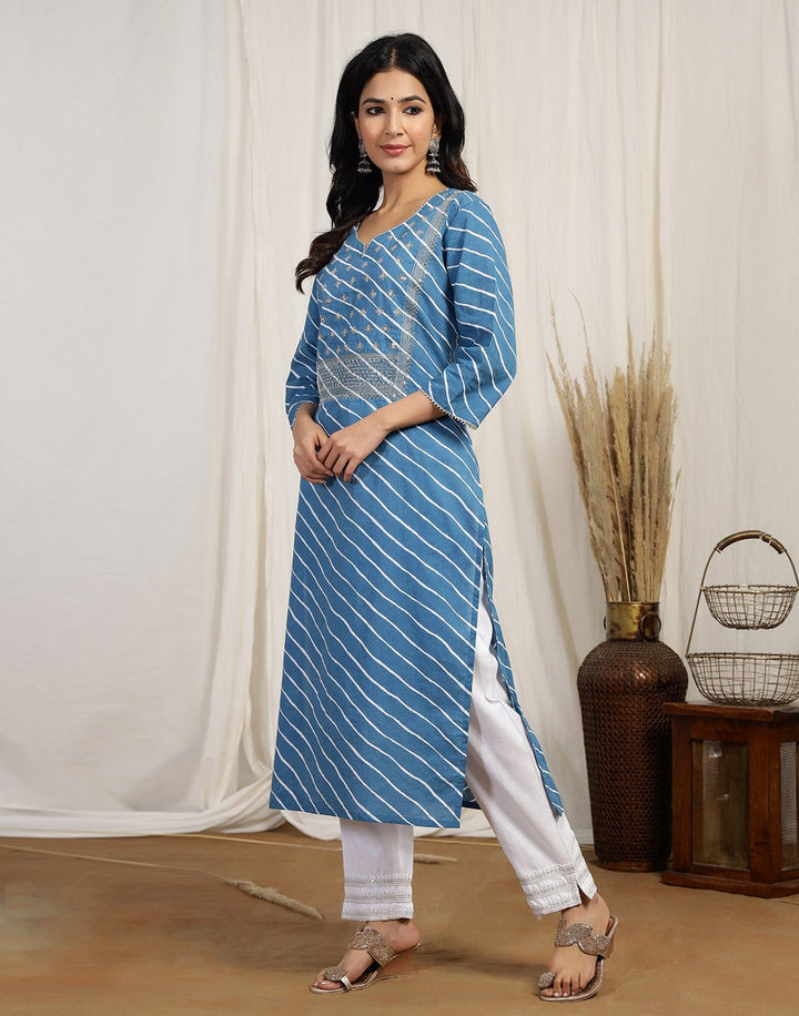 Printed Cotton Kurti And Pant With Embroidered Yoke Detail