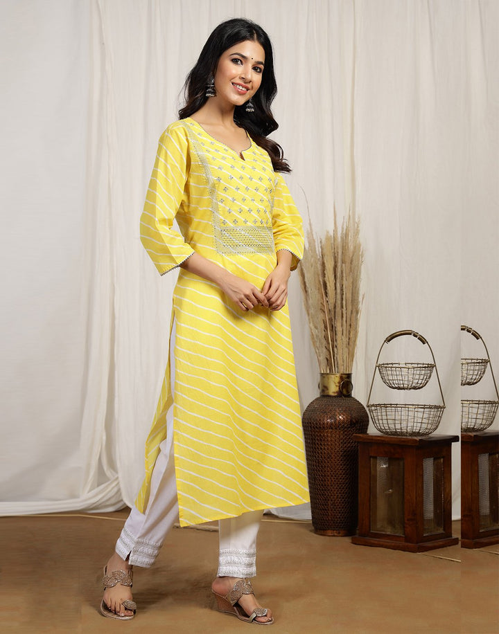 Printed Cotton Kurti And Pant With Embroidered Yoke Detail