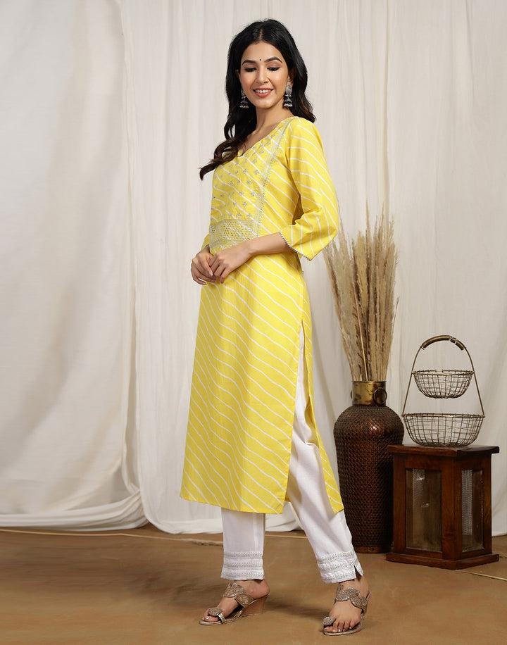 Printed Cotton Kurti And Pant With Embroidered Yoke Detail