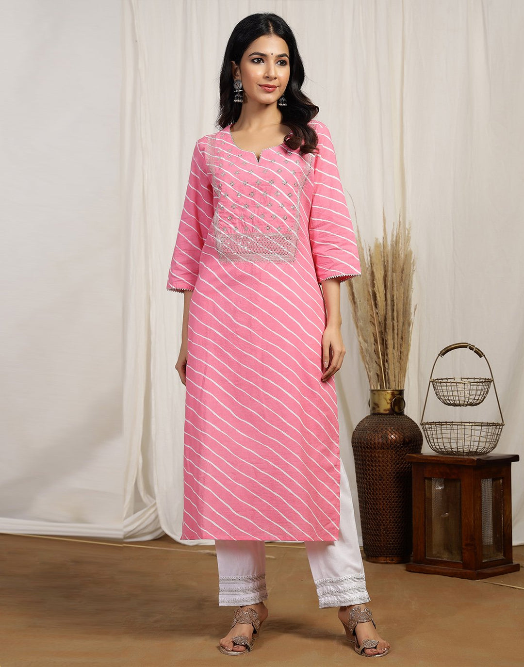 Printed Cotton Kurti And Pant With Embroidered Yoke Detail