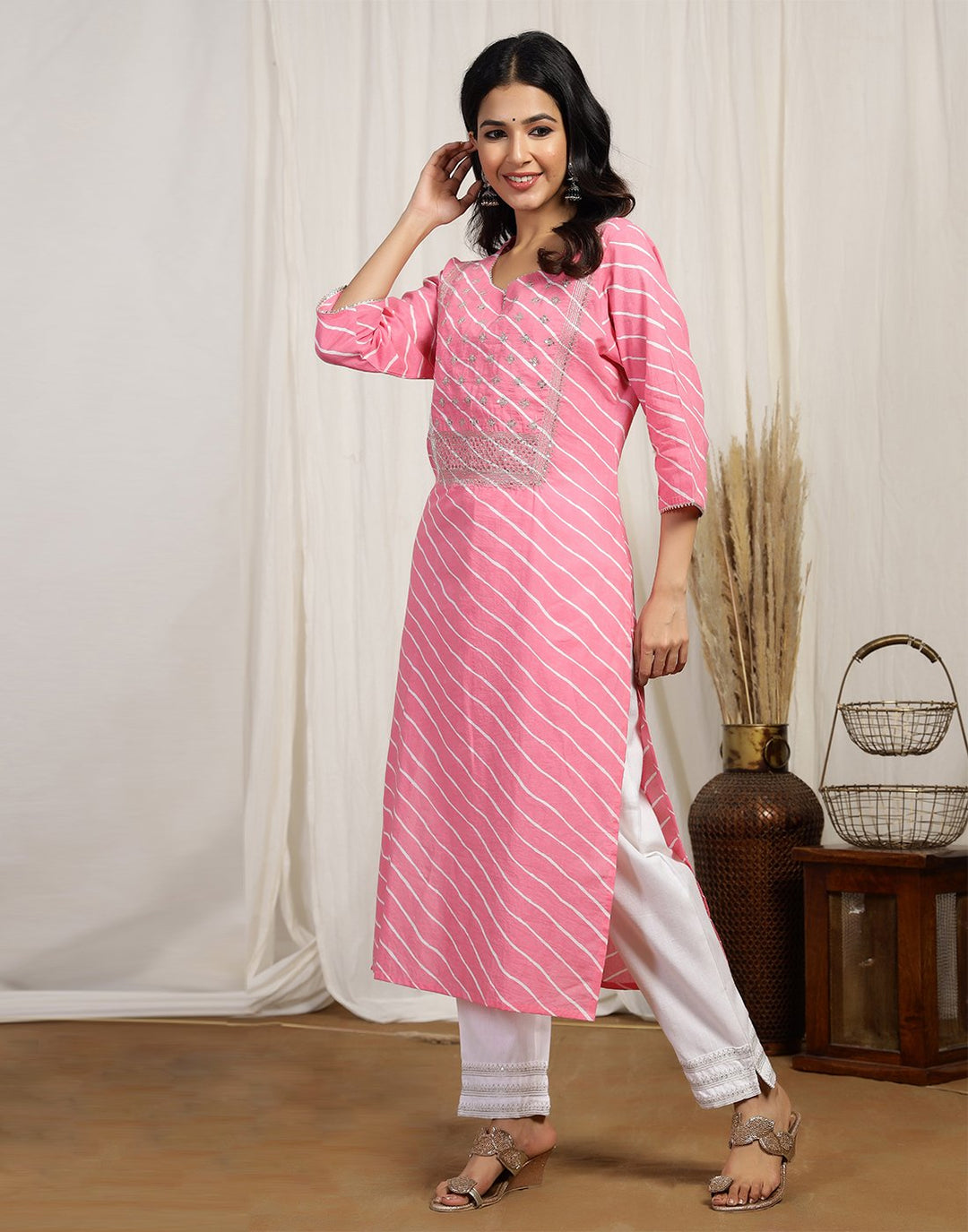 Printed Cotton Kurti And Pant With Embroidered Yoke Detail
