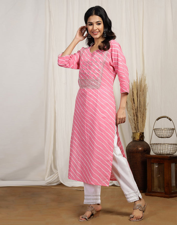 Printed Cotton Kurti And Pant With Embroidered Yoke Detail