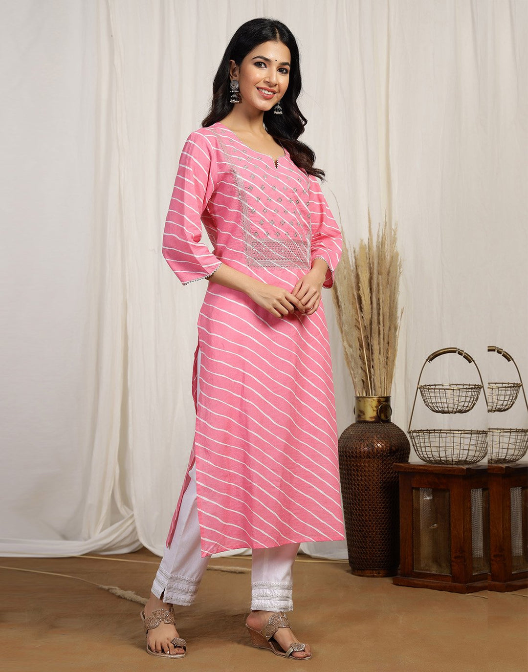 Printed Cotton Kurti And Pant With Embroidered Yoke Detail