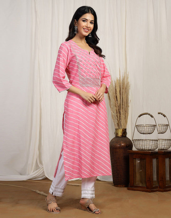 Printed Cotton Kurti And Pant With Embroidered Yoke Detail
