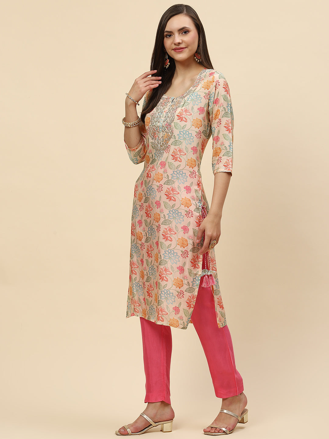 Zari Embroidered &amp; Printed Cotton Kurta With Pants