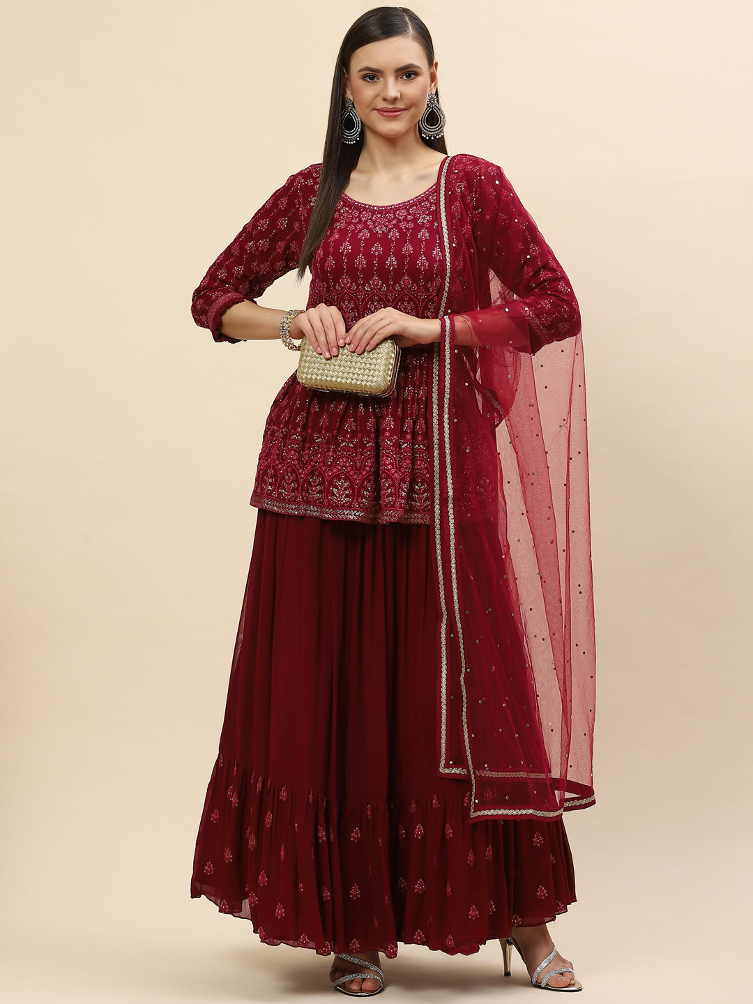 Sequin Embroidered Georgette Peplum Choli With Lehenga &amp; Dupatta