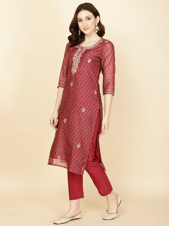 Floral Printed Chanderi Kurta With Pants