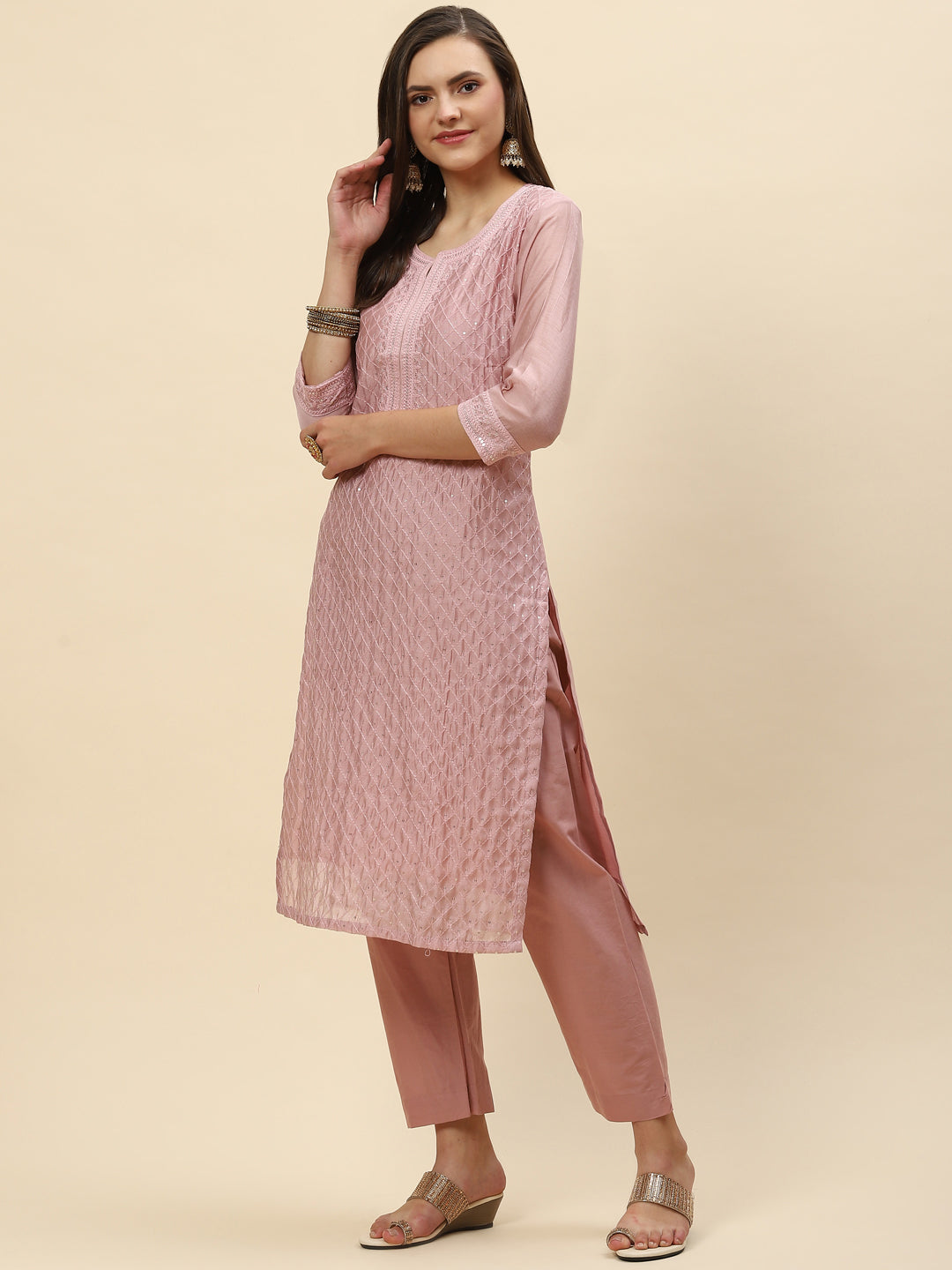 Sequin Embroidered Chanderi Kurta With Pants
