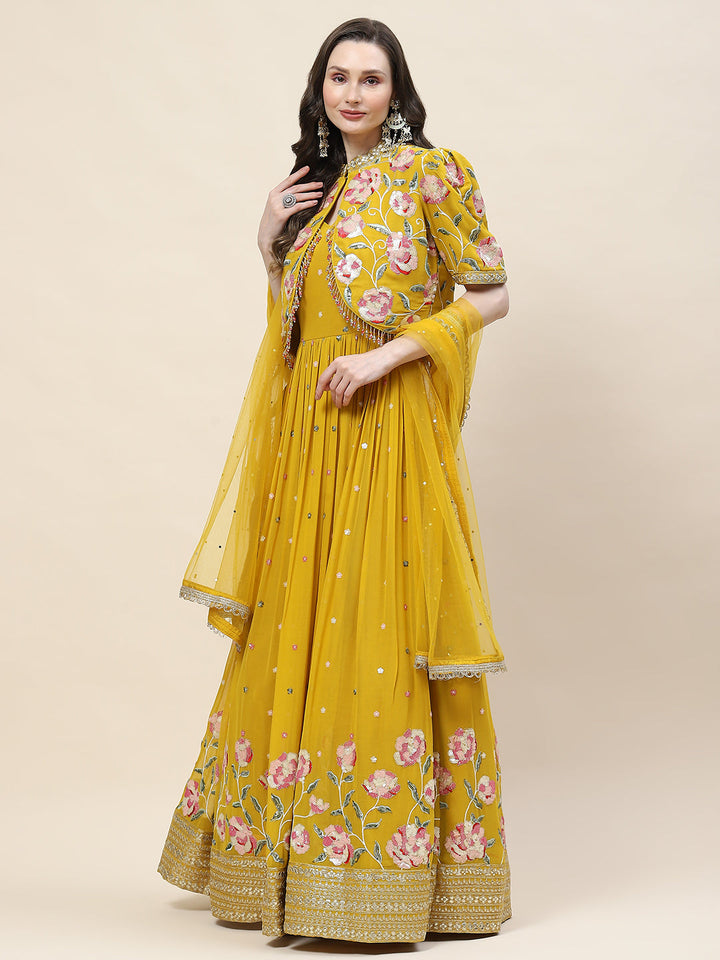 Floral Sequin Embroidery Georgette Kurta With Jacket &amp; Dupatta