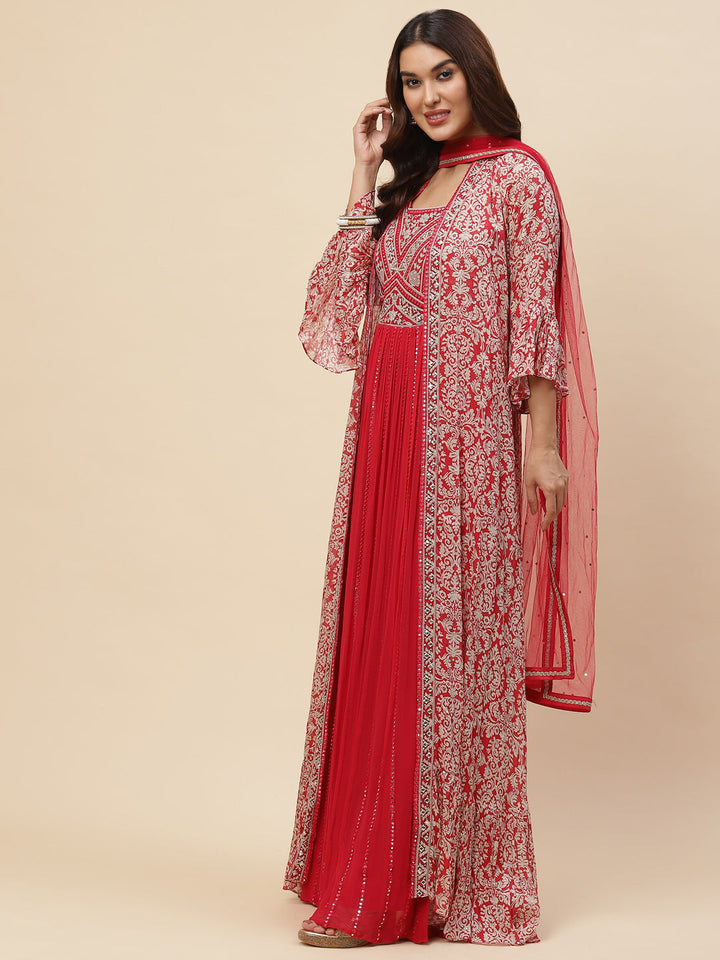 Neck Embroidered Georgette Gown With Jacket &amp; Dupatta