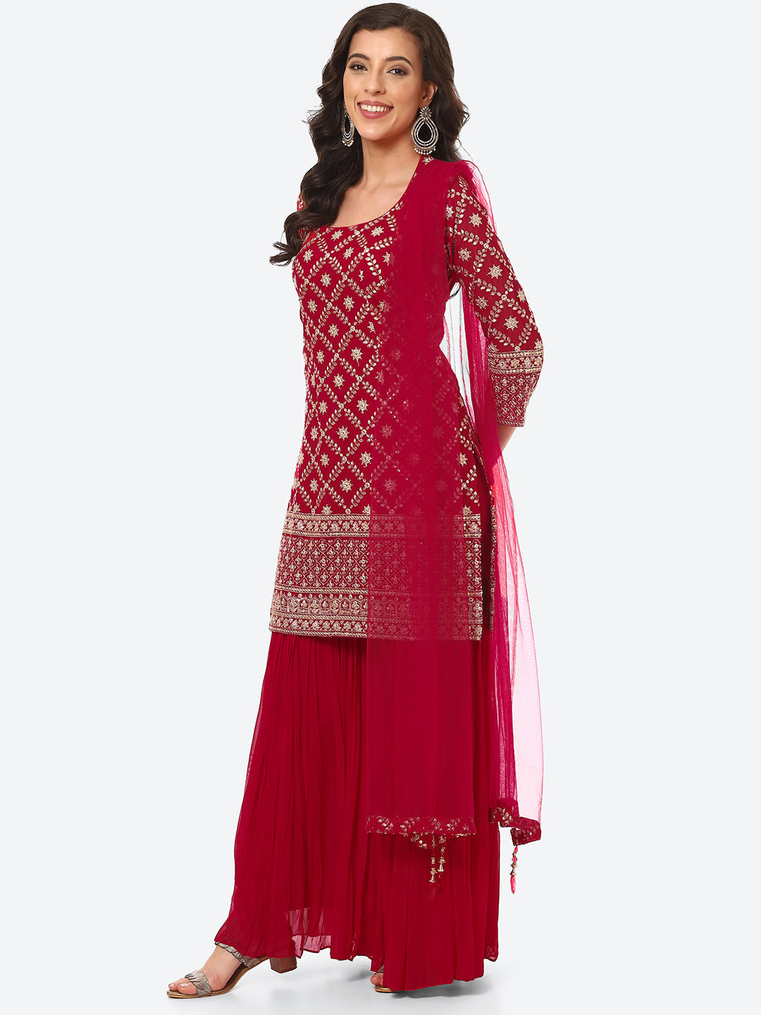 Zari Zaal Embroidered Georgette Kurti With Sharara &amp; Dupatta