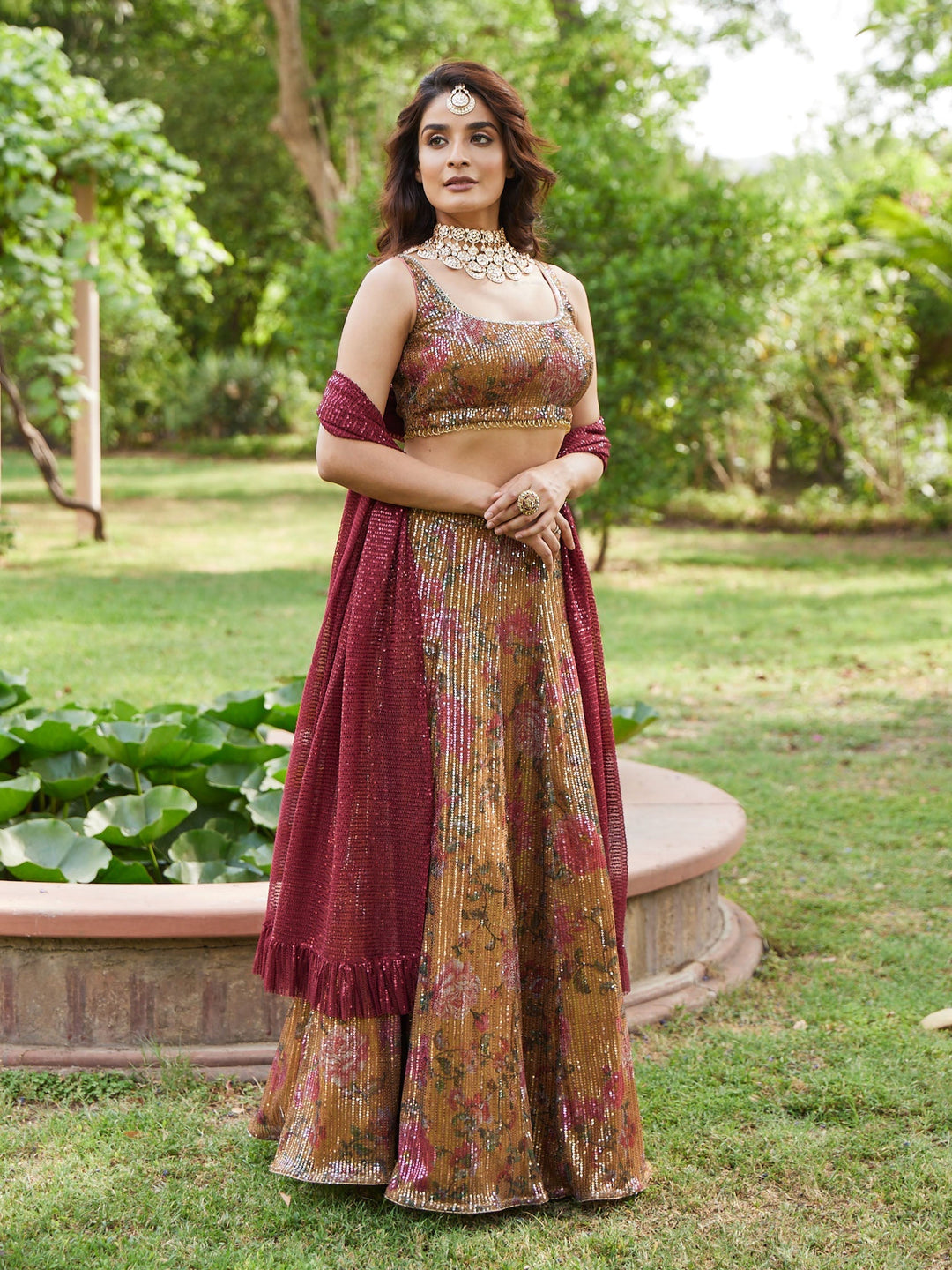 Floral Sequin Net Choli With Lehenga &amp; Net Dupatta