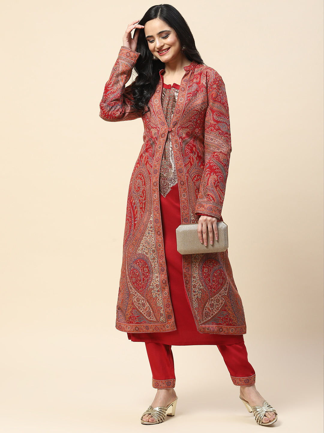 Resham Jaal Woven Pashmina Kurta With Pants &amp; Jacket