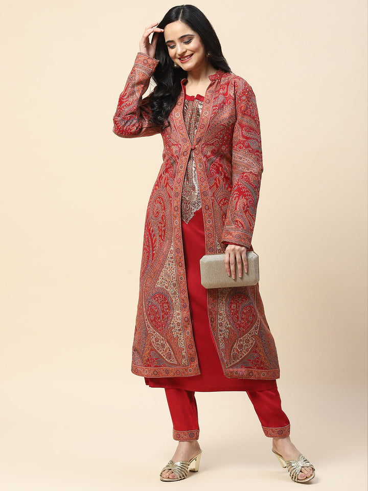 Resham Jaal Woven Pashmina Kurta With Pants &amp; Jacket