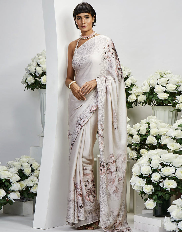 Cream Satin Printed Saree