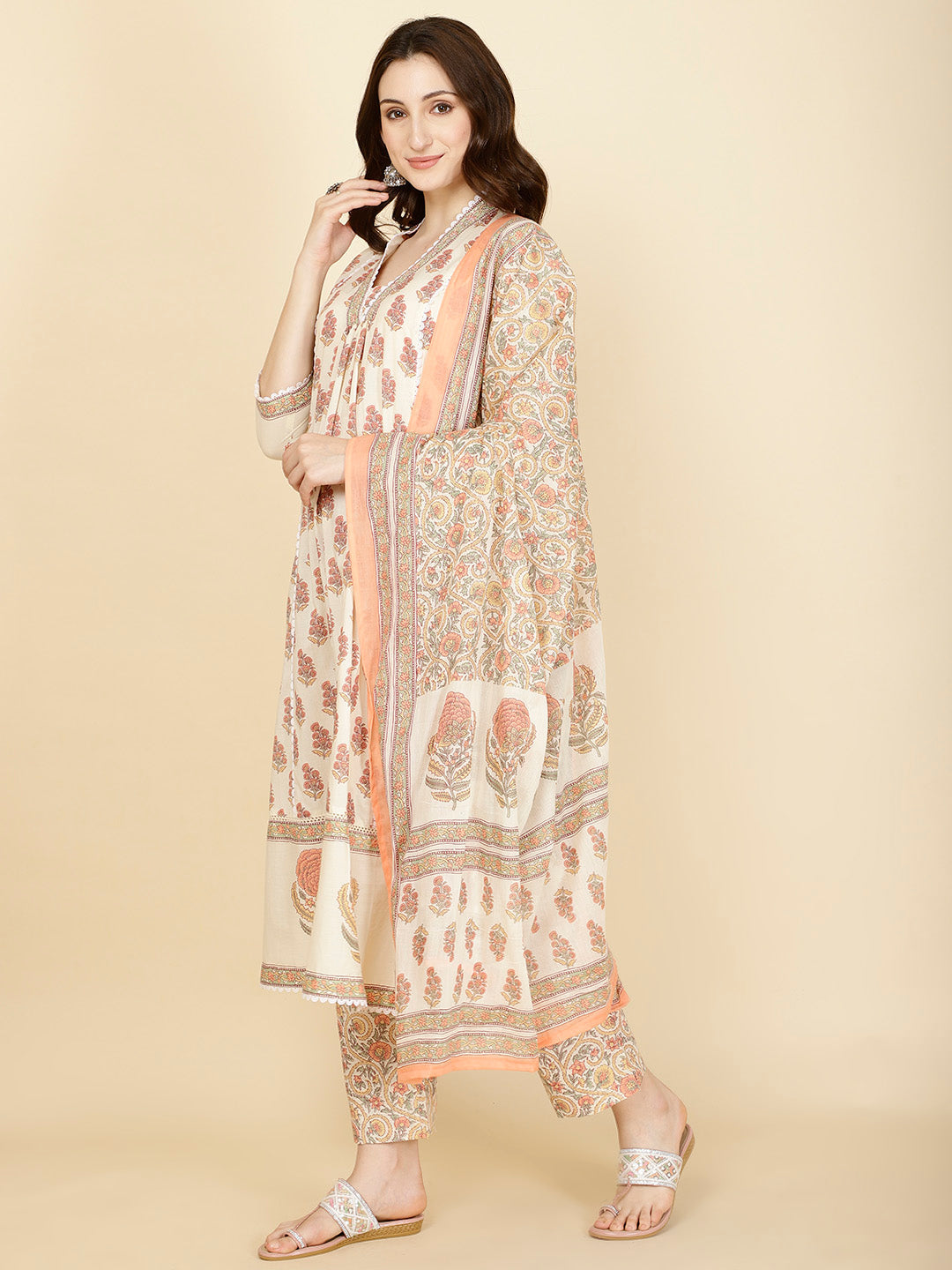 Floral Block Printed Cotton Kurta With Pants &amp; Dupatta