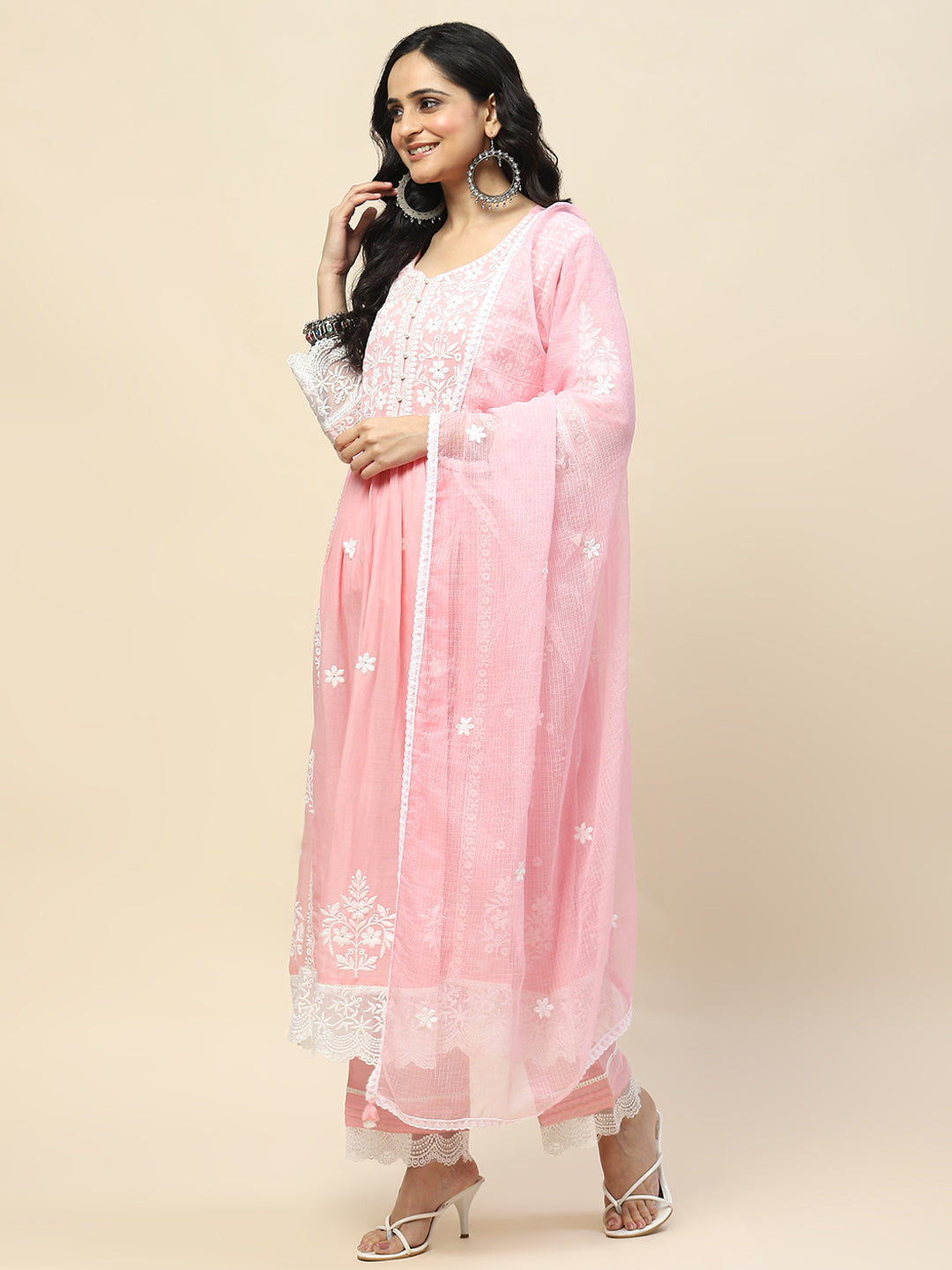 Neck Embroidery Cotton Anarkali With Pants &amp; Dupatta