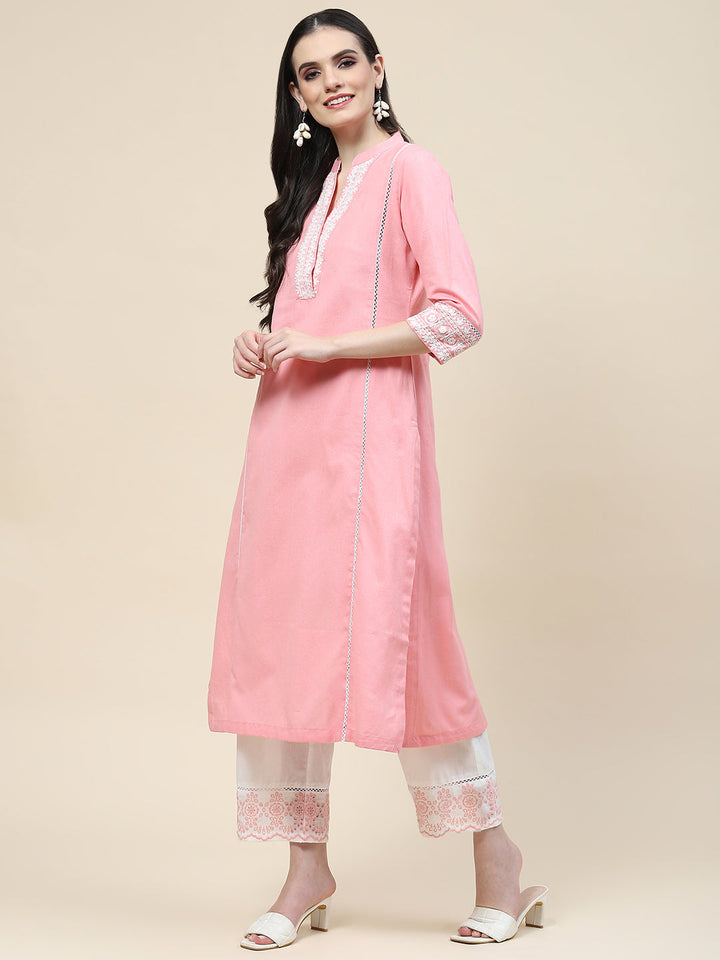 Embroidered Cotton Kurta With Pants