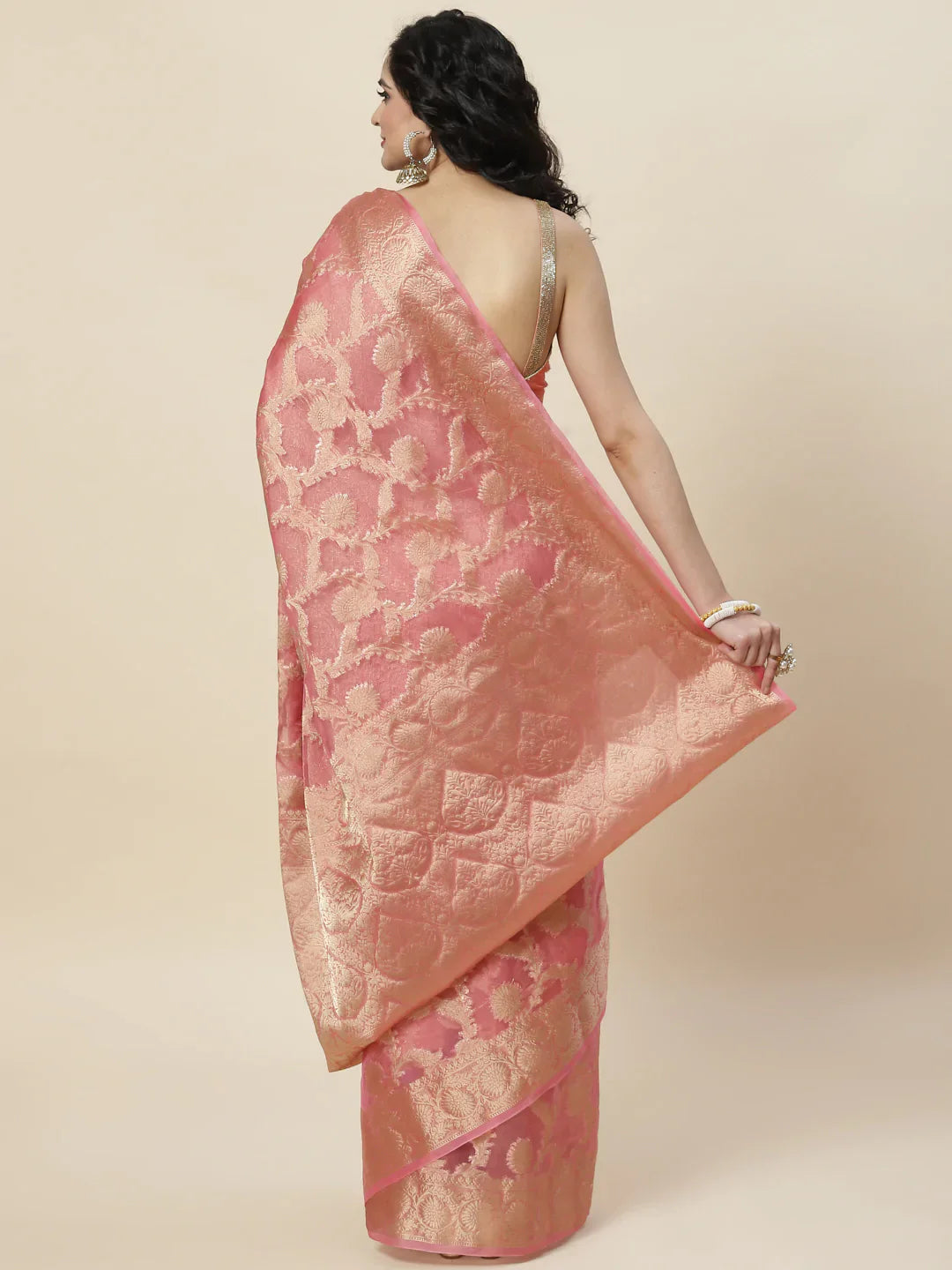 Floral Zari Jaal Organza Plain Saree