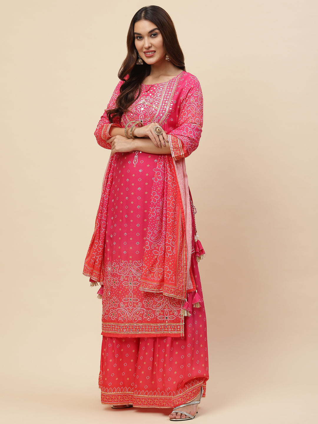 Bandhani Printed Muslin Kurta With Sharara &amp; Dupatta