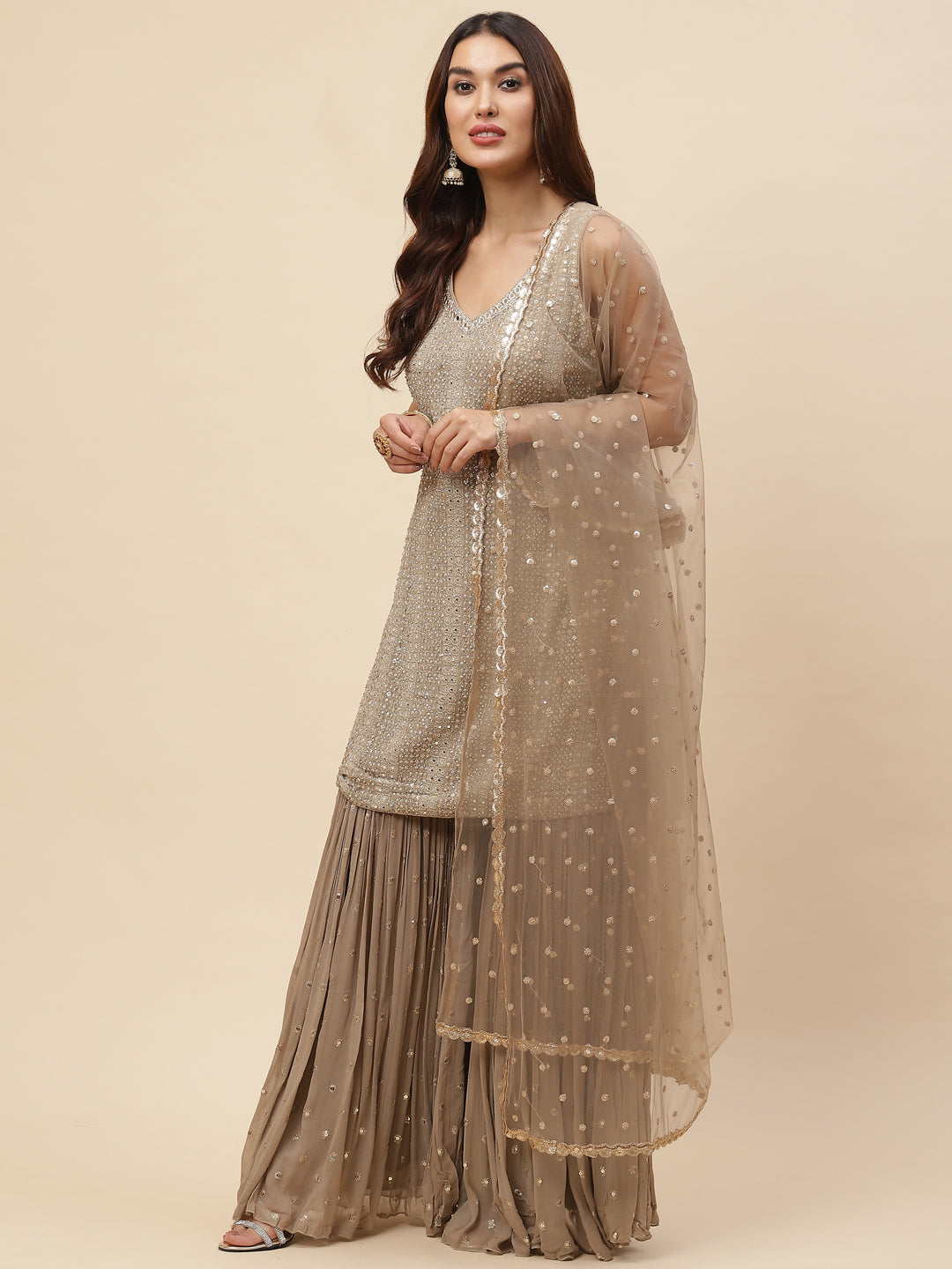 Embroidered Georgette Kurta With Garara &amp; Net Dupatta
