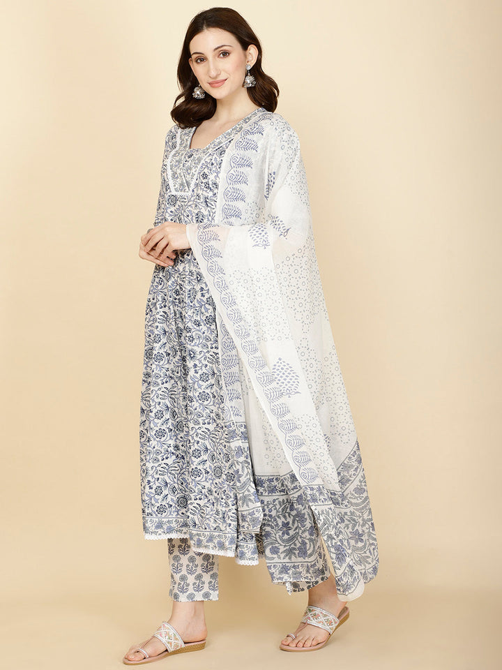 Floral Printed Cotton Kurta With Pants &amp; Dupatta