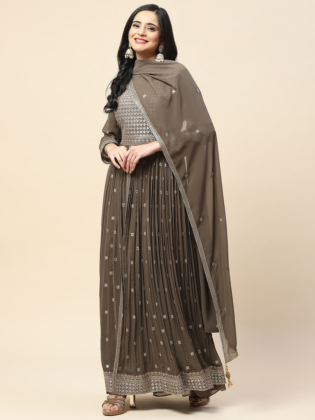 Sequin Embroidered Georgette Kurta With Sharara &amp; Dupatta