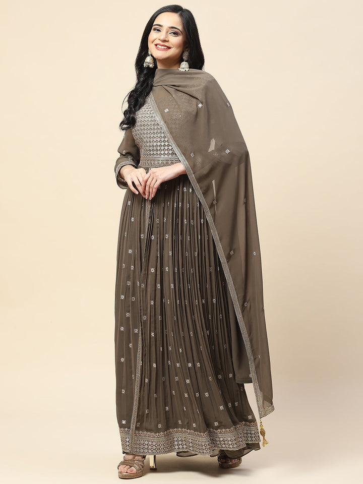 Sequin Embroidered Georgette Kurta With Sharara &amp; Dupatta