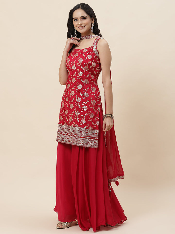 Floral Woven Georgette Kurta With Sharara &amp; Dupatta