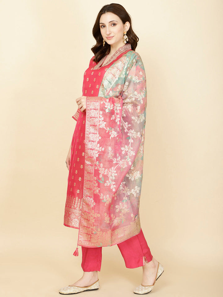 Floral Woven Tissue Kurta With Pants &amp; Dupatta
