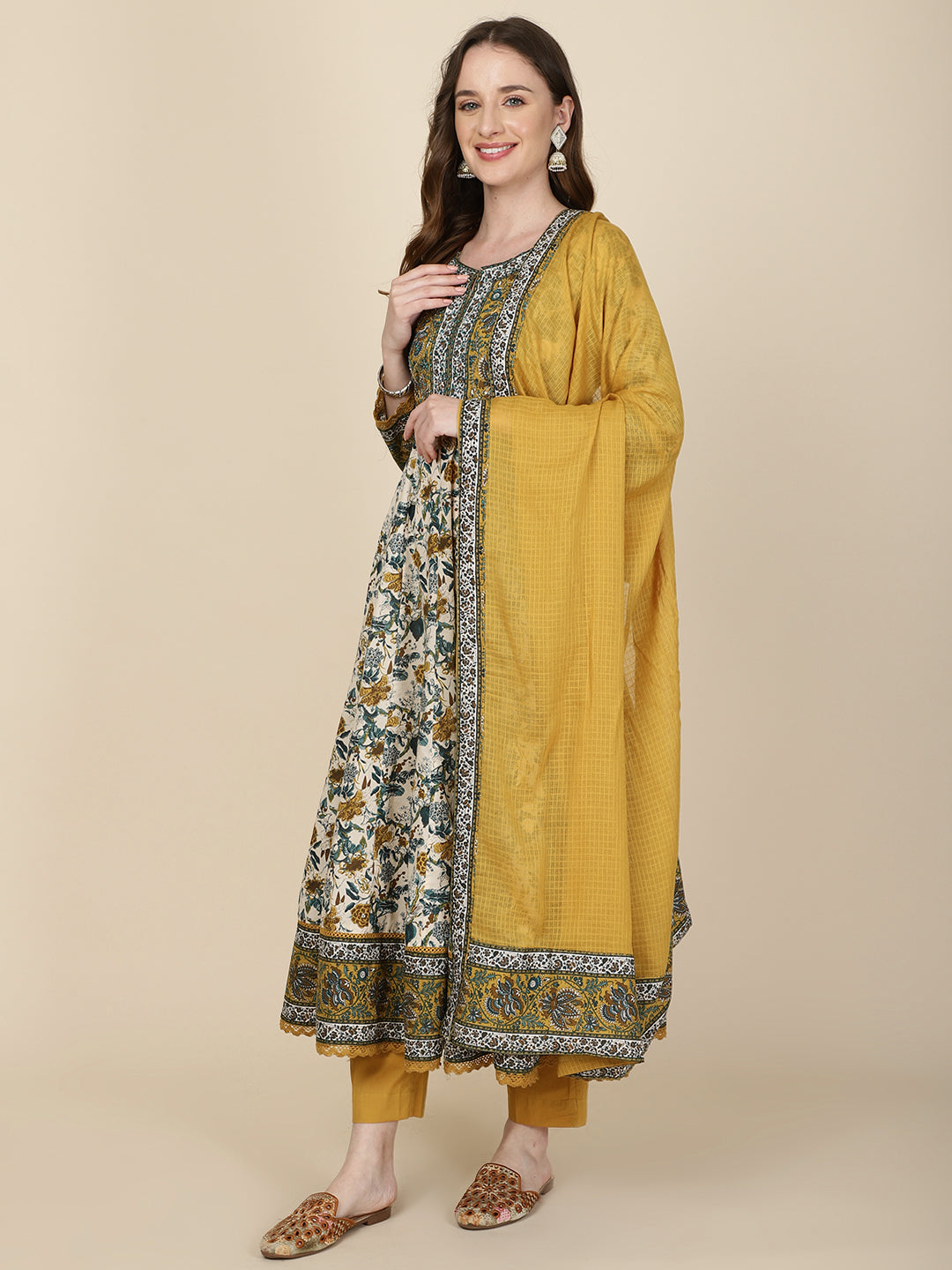 Floral Printed Cotton Kurta With Pants &amp; Dupatta