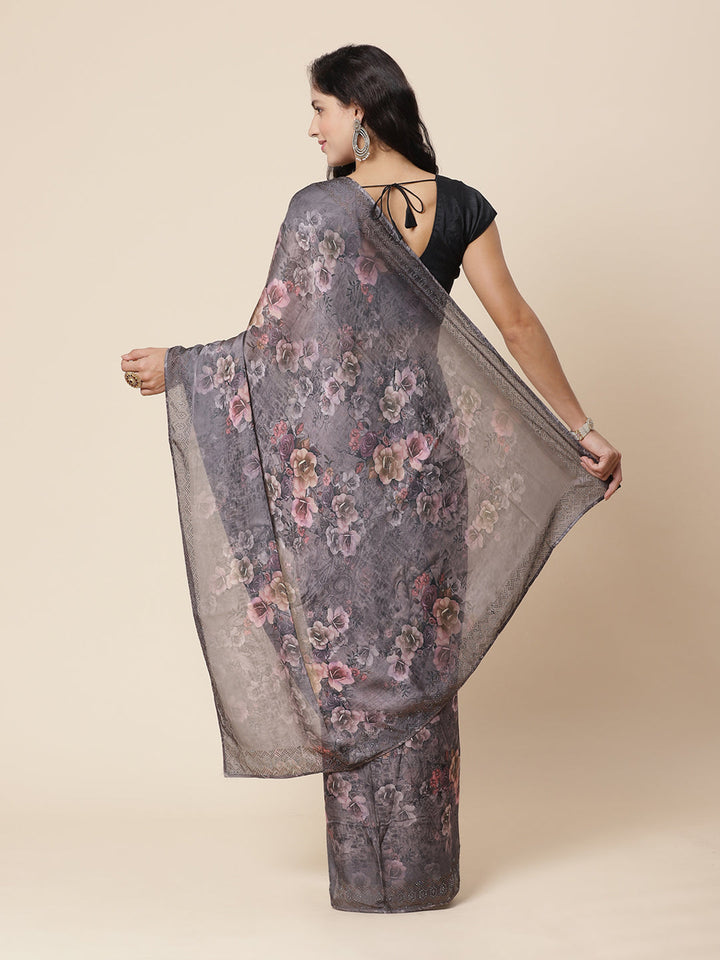 Digital Floral Printed Stone Work Satin Saree