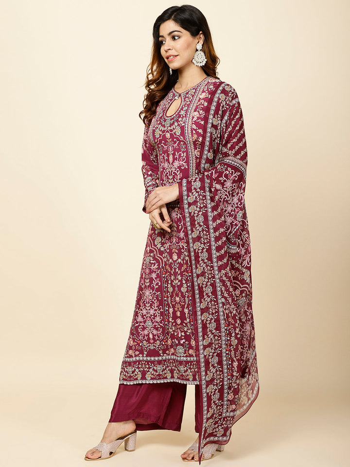 Digital Floral Printed Crepe Kurta With Palazzo &amp; Dupatta
