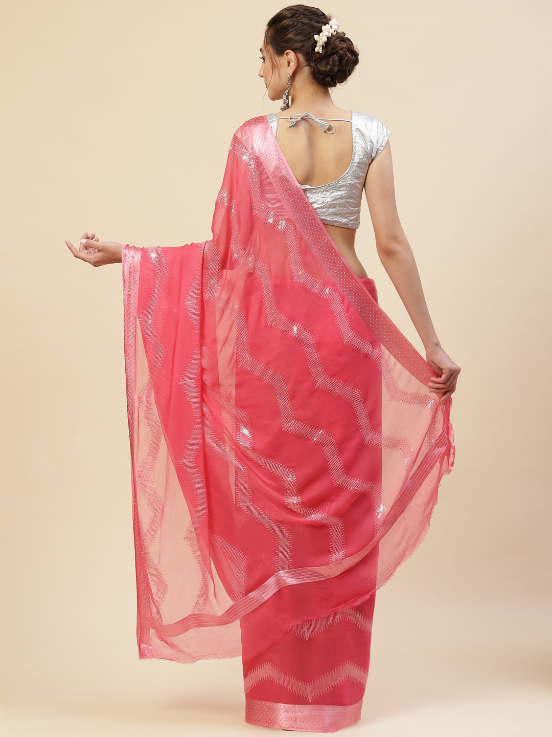Sequin Embroidered Chiffon Plain Saree