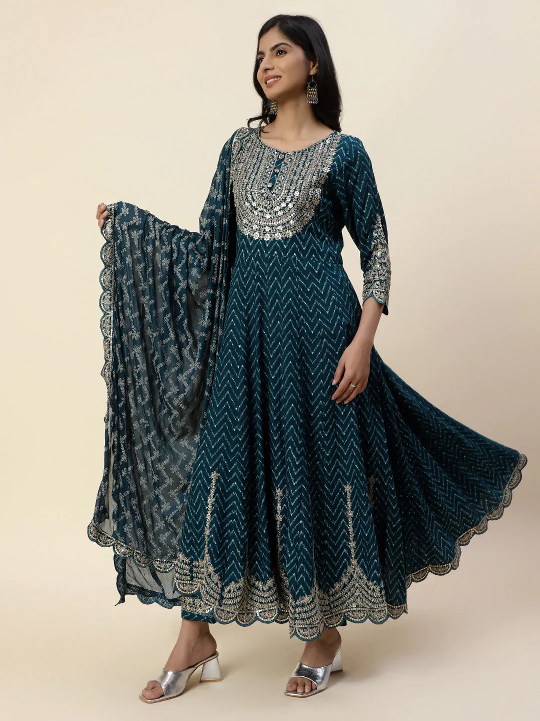 Neck Embroidered Cotton Kurta With Pants &amp; Dupatta