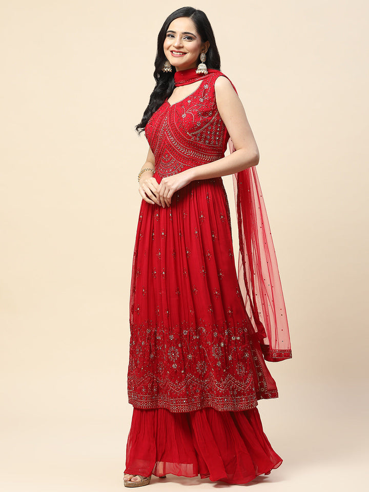 Resham Booti Embroidered Georgette Kurta With Palazzo &amp; Dupatta