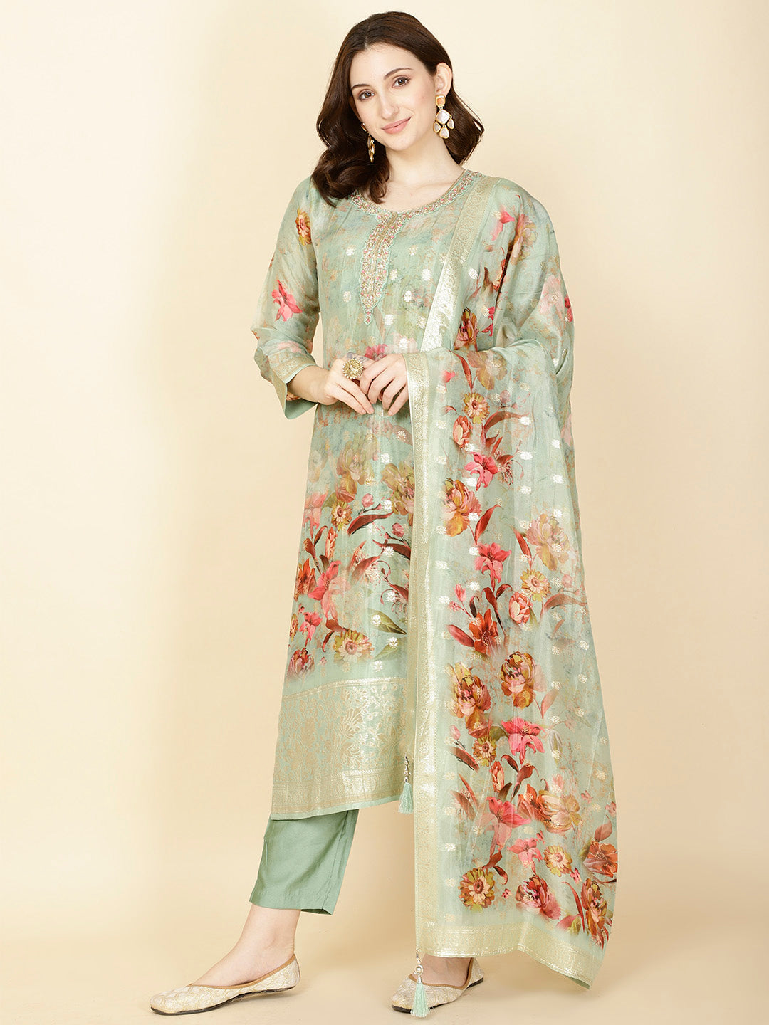 Floral Printed &amp; Woven Organza Kurta With Pants &amp; Dupatta