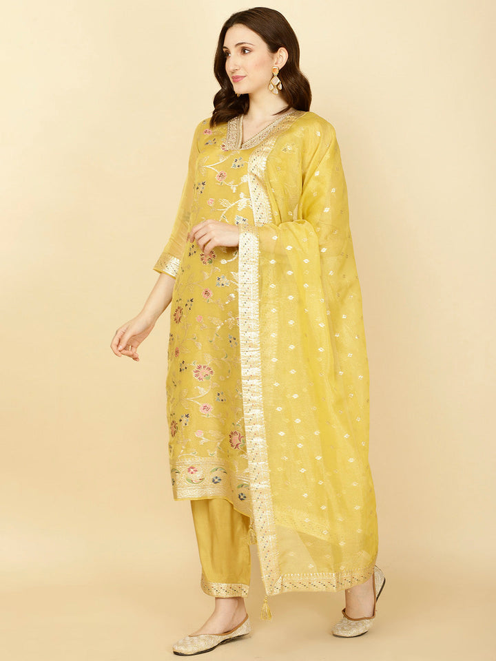 Floral Woven Tissue Kurta With Pants &amp; Dupatta