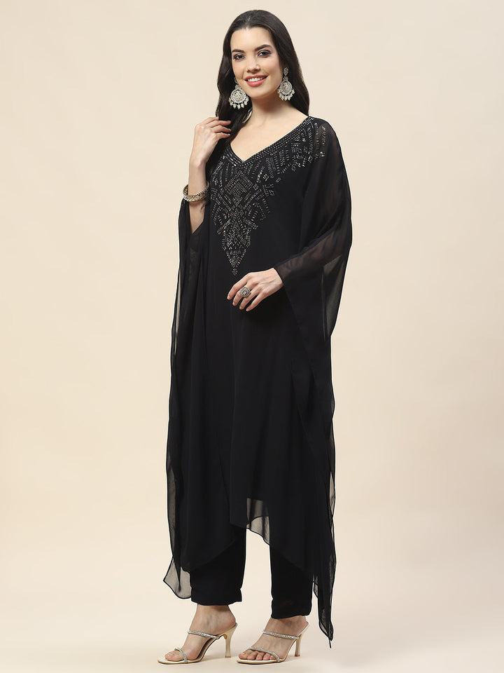 Neck Embroidered Georgette Kurta With Pants