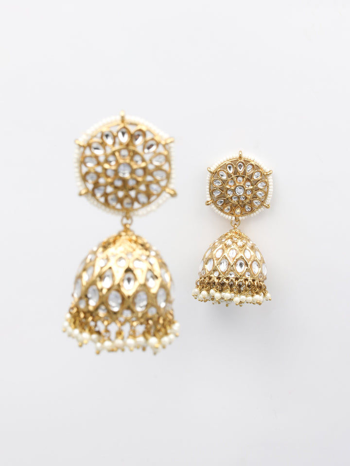 Gold &amp; White Jhumki Earrings