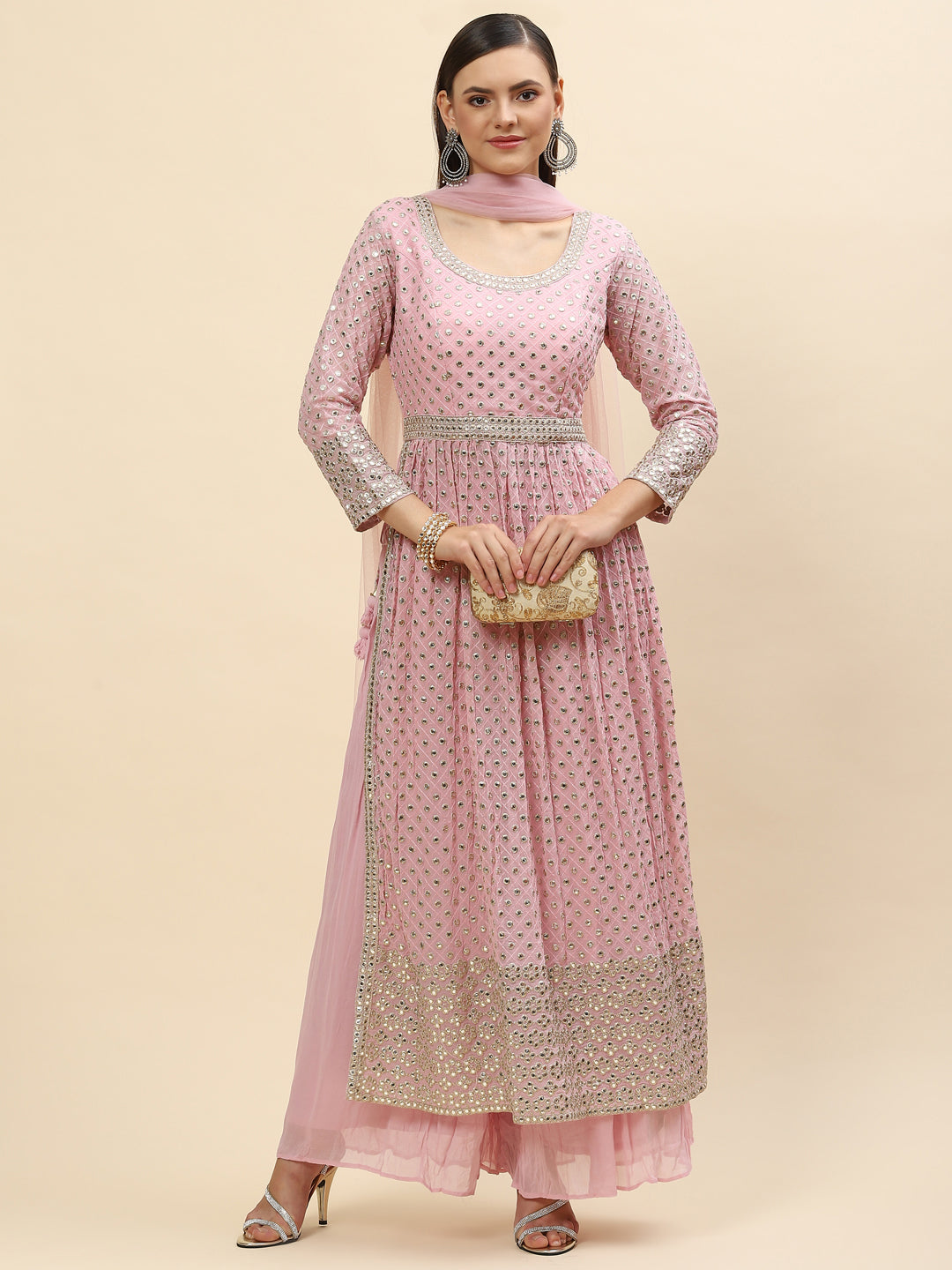 Mirror Embroidered Georgette Kurta With Palazzo &amp; Dupatta
