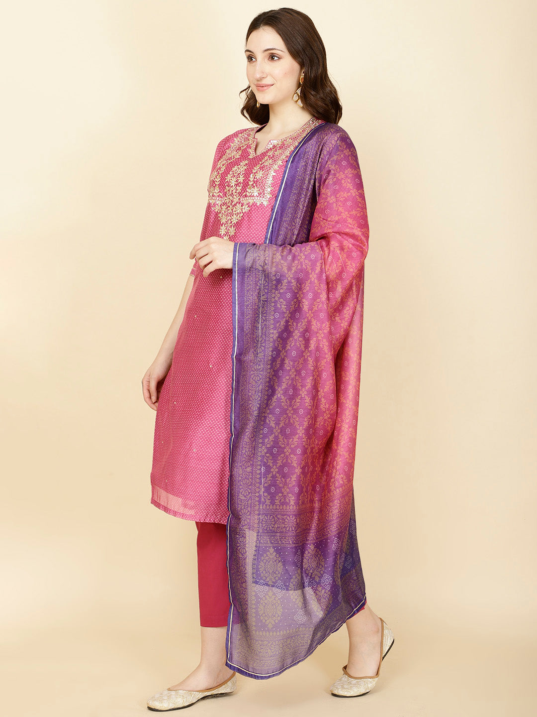 Neck Gota Patti &amp; Printed Chanderi Kurta With Pants &amp; Dupatta