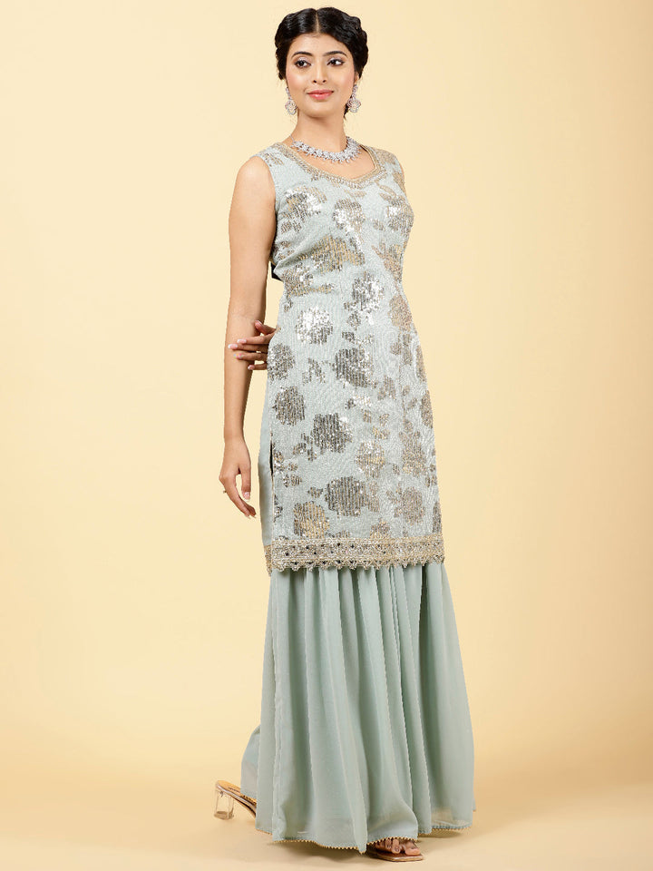 Sequin Georgette Kurta With Garara &amp; Dupatta