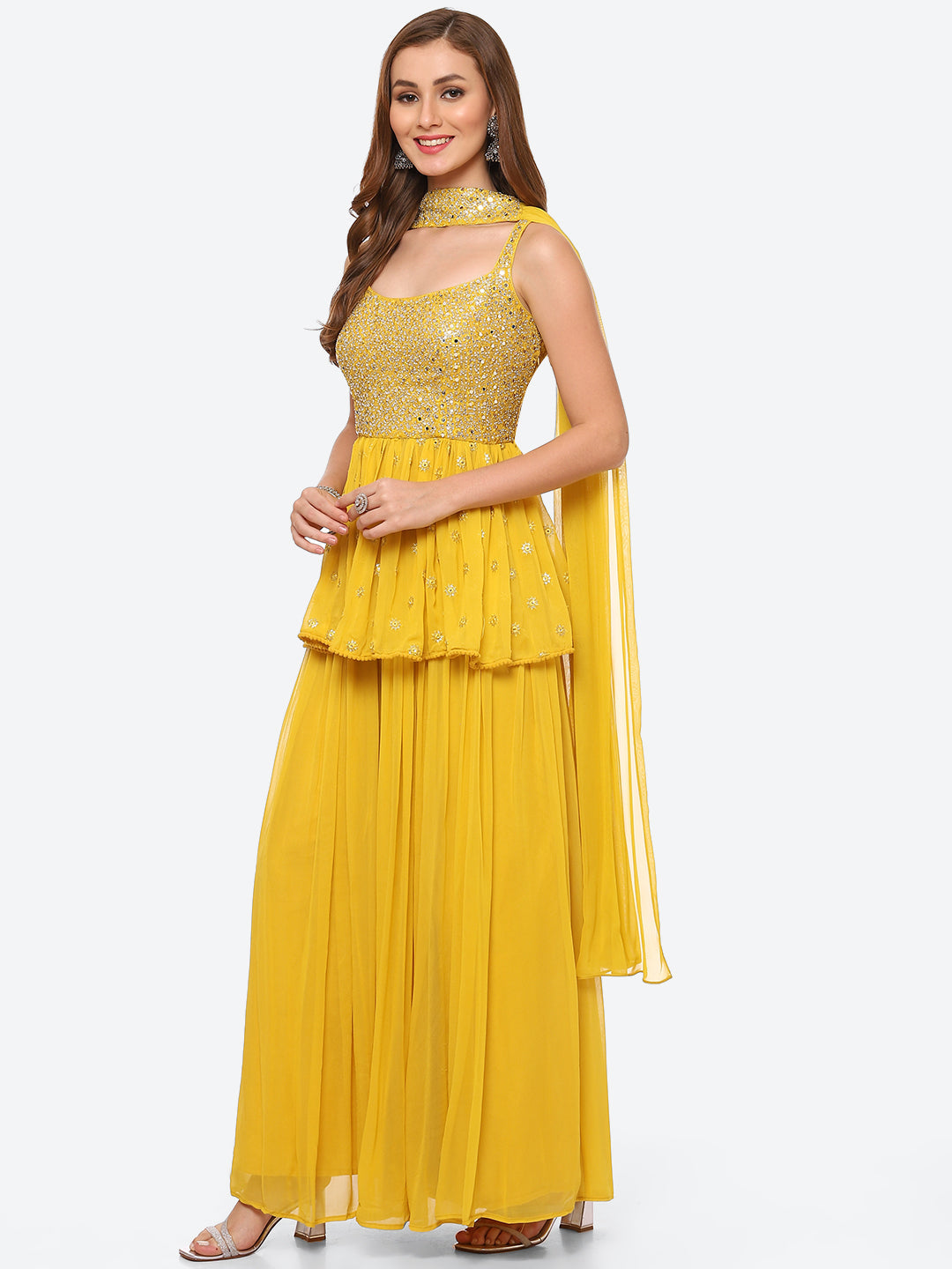 Mirror Neck Embroidered Georgette Peplum Kurti With Garara &amp; Georgette Dupatta