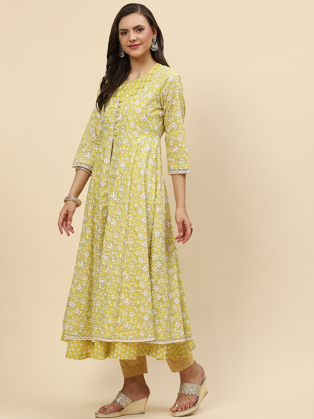 Floral Printed Cotton Anarkali Kurta With Jacket